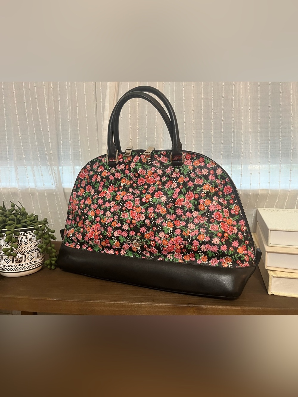 Coach Sierra Satchel in the Posey Cluster Floral print with black leather trim